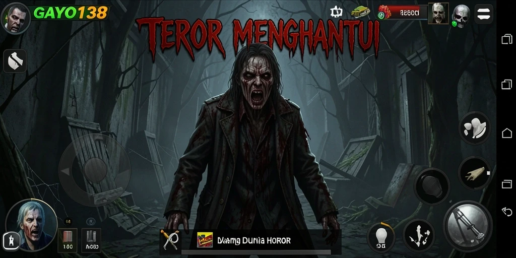 Screenshot gameplay GAYO138 menunjukkan suasana horor yang mencekam.