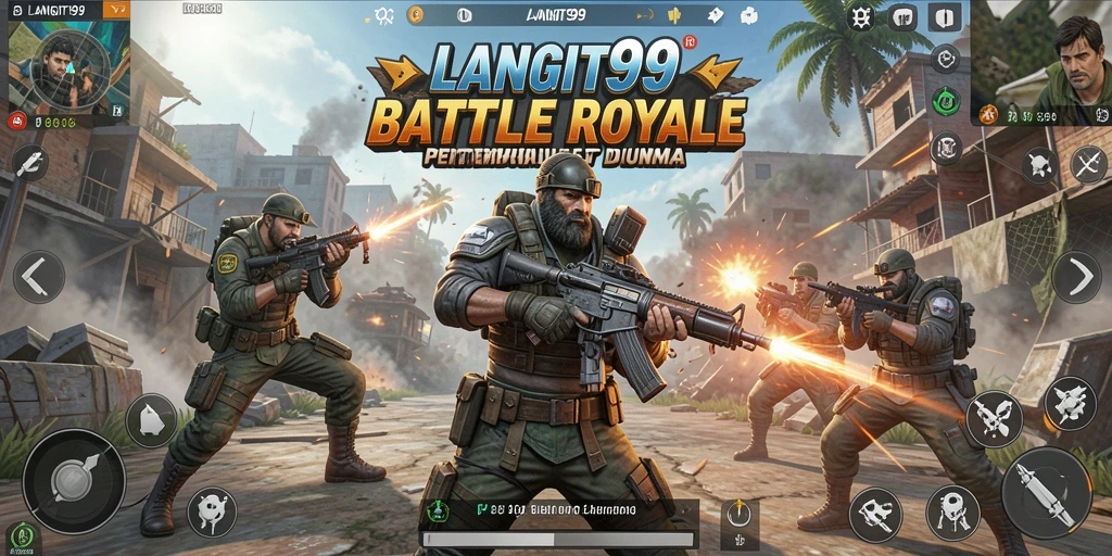 Screenshot utama LANGIT99 menunjukkan aksi pertempuran di arena Battle Royale.